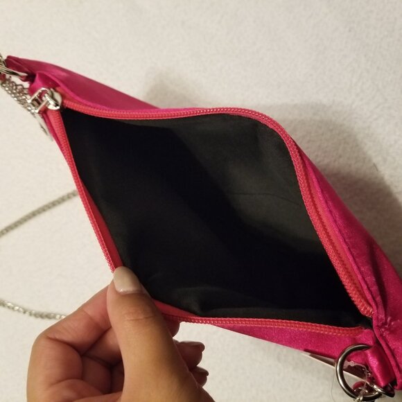 Shoulder Bag & Crossbody Removable Strap Pink Fuchsia Satin Purse Bejewelled NWT - Picture 10 of 14